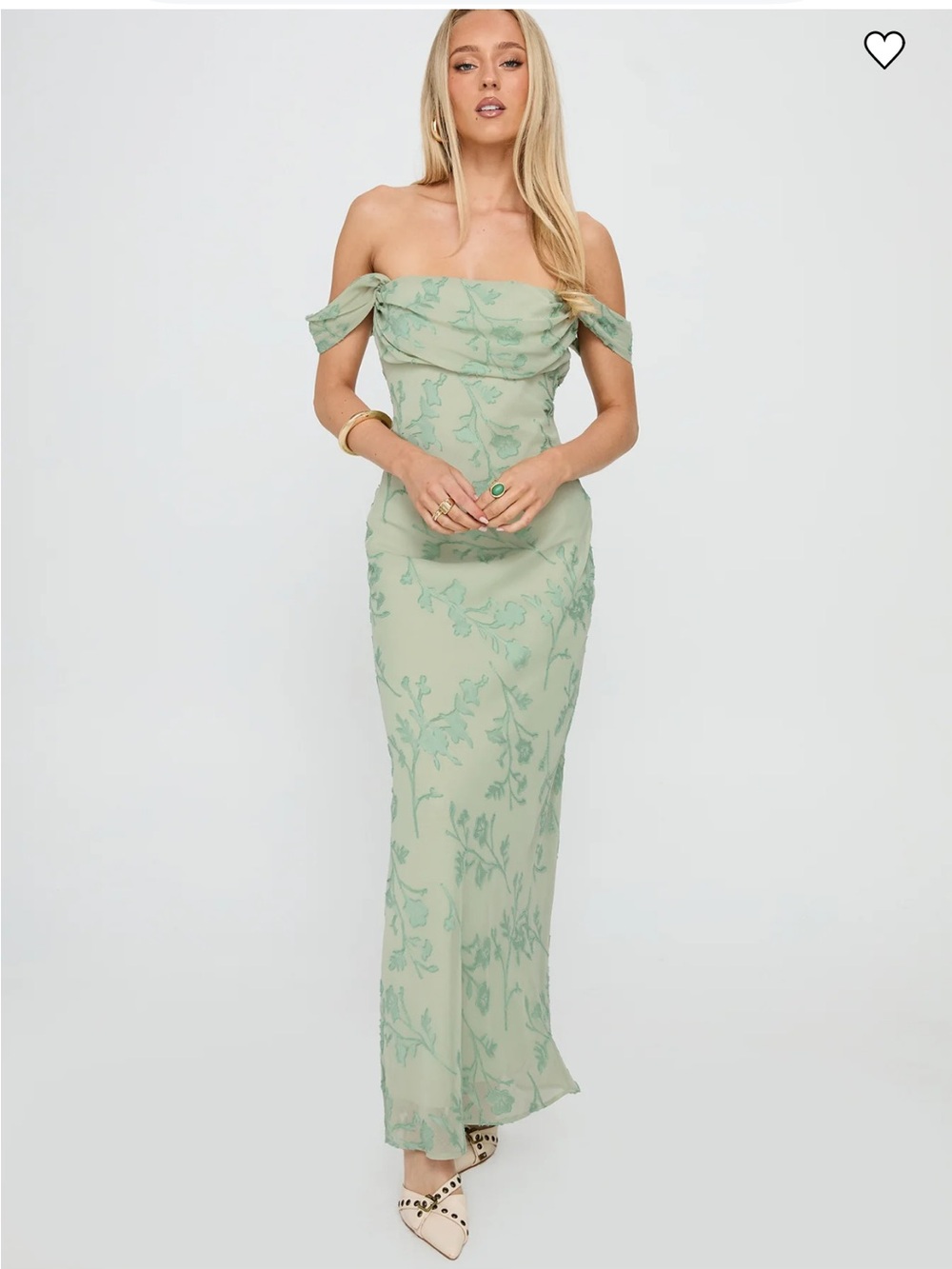 Princess Polly Sage Green Off-Shoulder Floral Maxi Dress